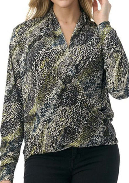 Olive Snake Print Fashion Surplice Top
