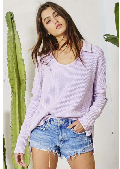 Split Collar Cotton Waffle Knit Top Made in USA