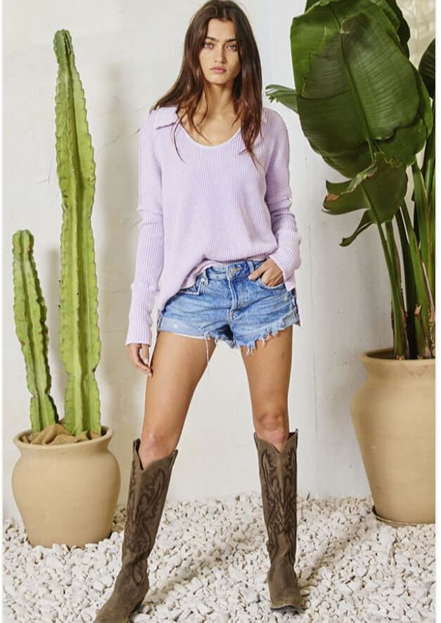 Split Collar Cotton Waffle Knit Top Made in USA