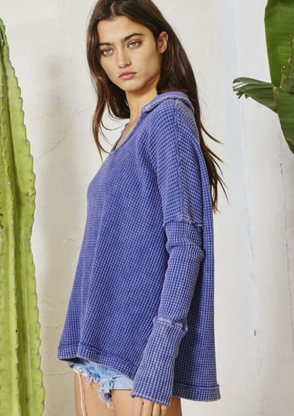 Split Collar Cotton Waffle Knit Top Made in USA