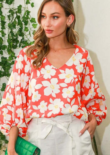 Classy V-Neck Bubble Sleeve Floral Top Made in USA