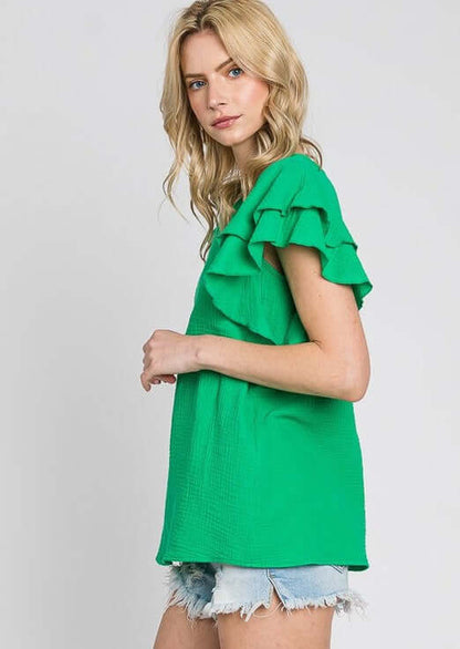 Dolled Up Double Ruffled Sleeve Top Made in USA