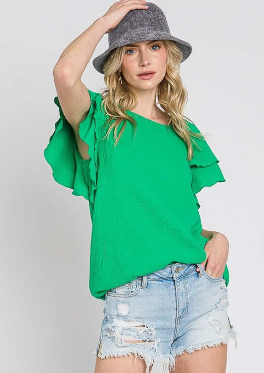 Dolled Up Double Ruffled Sleeve Top Made in USA