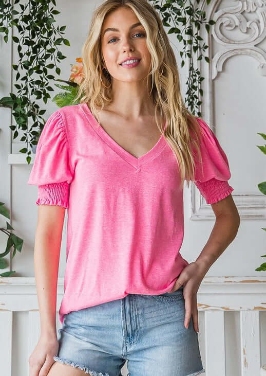 Tri Blend Adorable Fuchsia Puff Sleeve Top