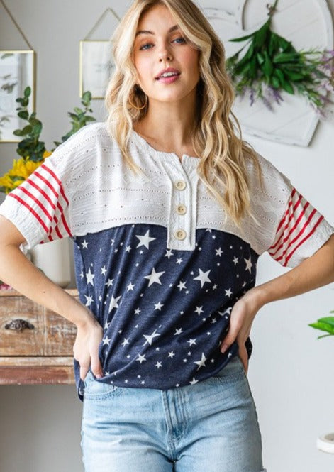 Patriotic Mixed Fabric Super Cute Stars & Stripes Top