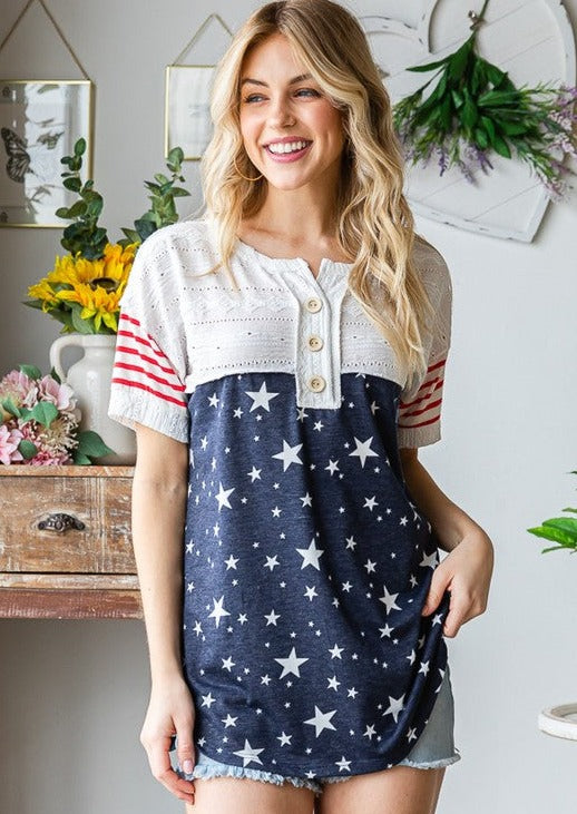 Patriotic Mixed Fabric Super Cute Stars & Stripes Top