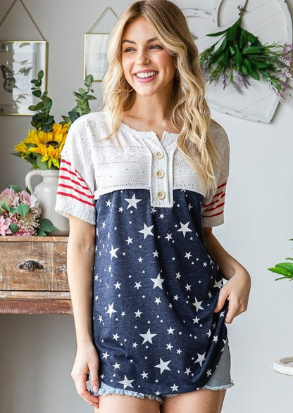 Patriotic Mixed Fabric Super Cute Stars & Stripes Top