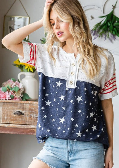 Patriotic Mixed Fabric Super Cute Stars & Stripes Top