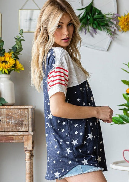 Patriotic Mixed Fabric Super Cute Stars & Stripes Top