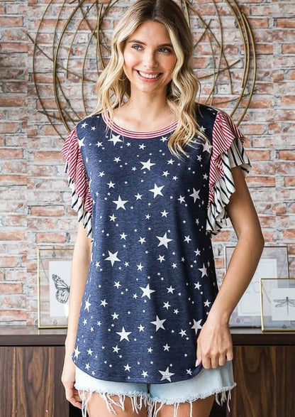 Double Ruffle Flutter Sleeve Patriotic Top