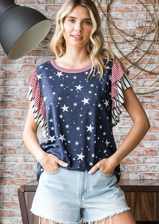 Double Ruffle Flutter Sleeve Patriotic Top
