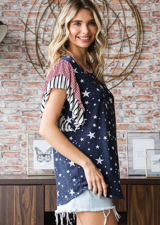 Double Ruffle Flutter Sleeve Patriotic Top