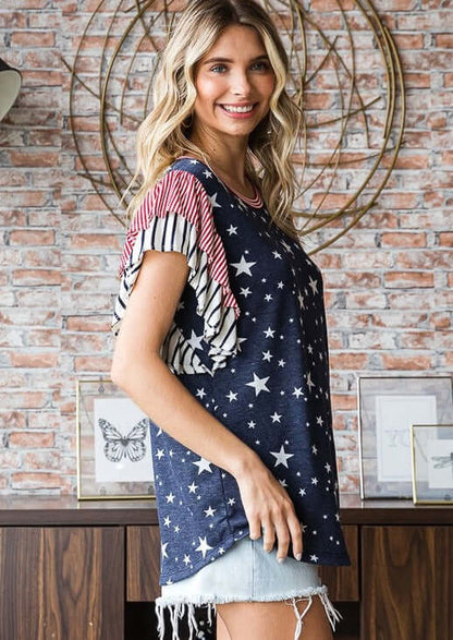 Double Ruffle Flutter Sleeve Patriotic Top