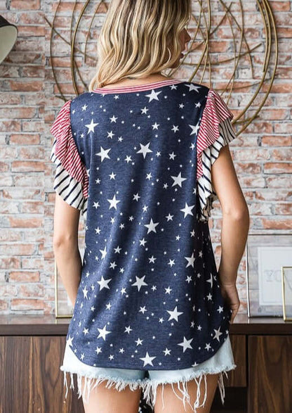 Double Ruffle Flutter Sleeve Patriotic Top