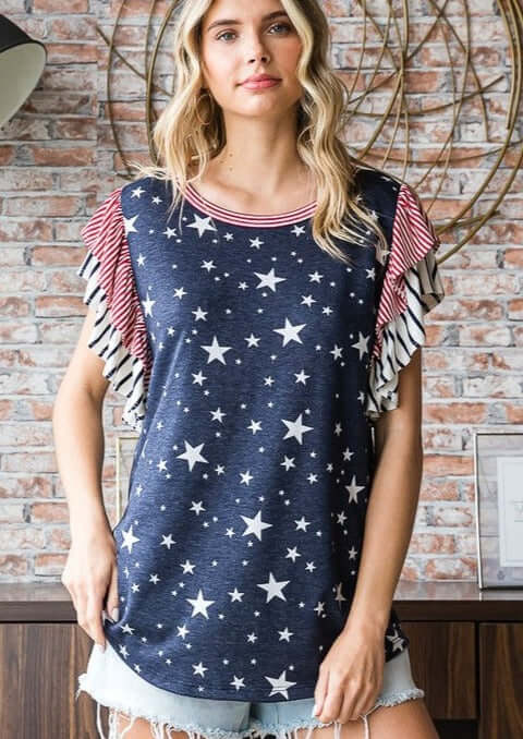 Double Ruffle Flutter Sleeve Patriotic Top