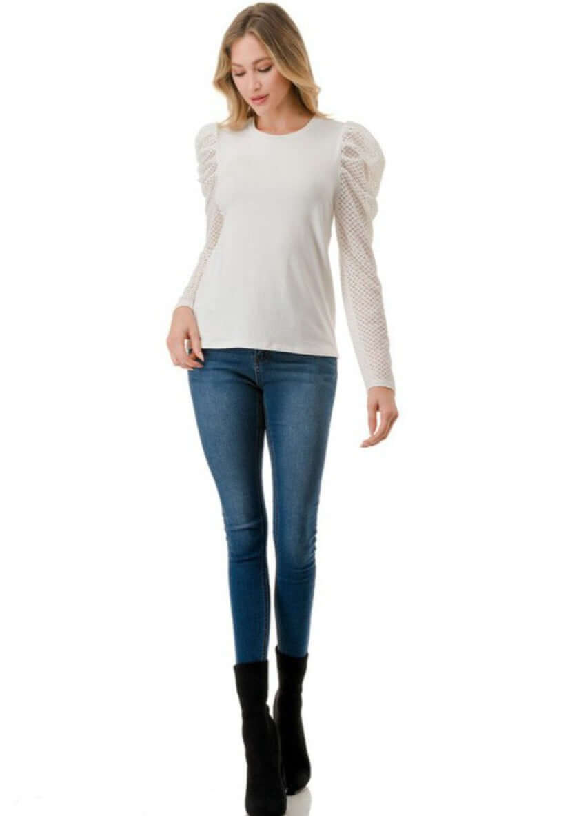 Ivory Lace Puff Sleeve Top Made in USA