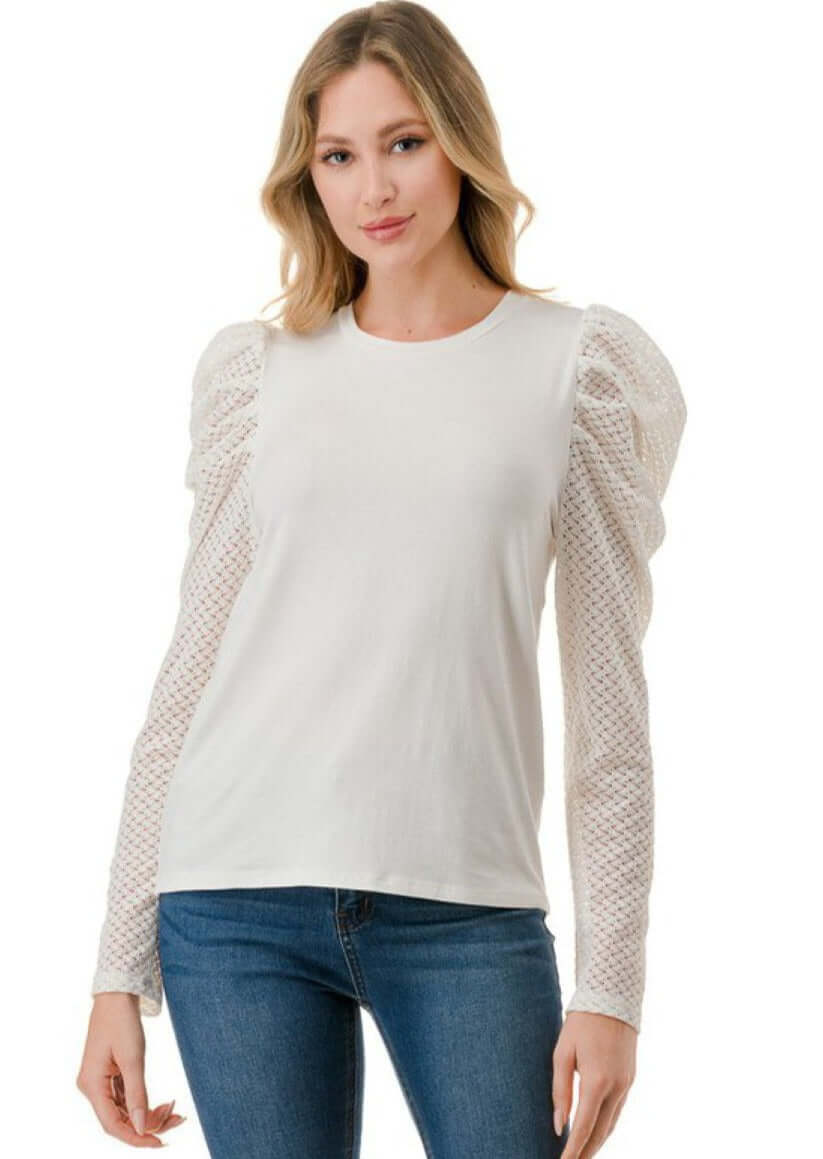 Ivory Lace Puff Sleeve Top Made in USA