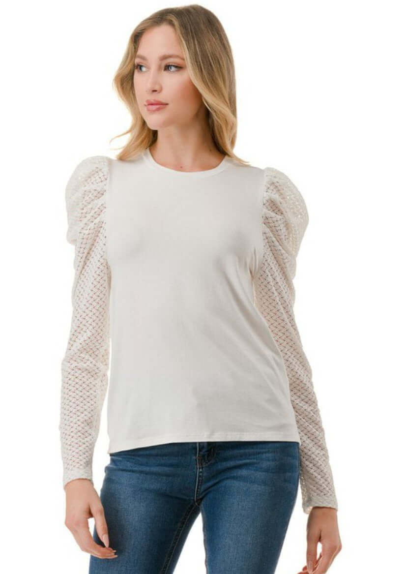 Ivory Lace Puff Sleeve Top Made in USA