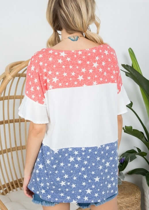 Color Block Ruffled Sleeve Patriotic Top Made in USA