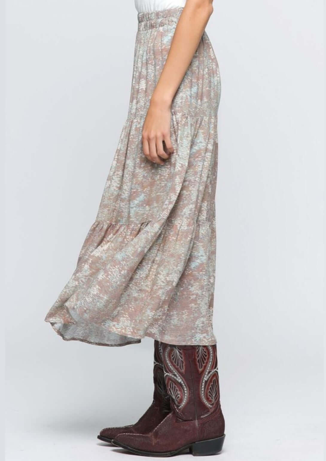 Tiered A-Line Sage & Mocha Maxi Skirt
