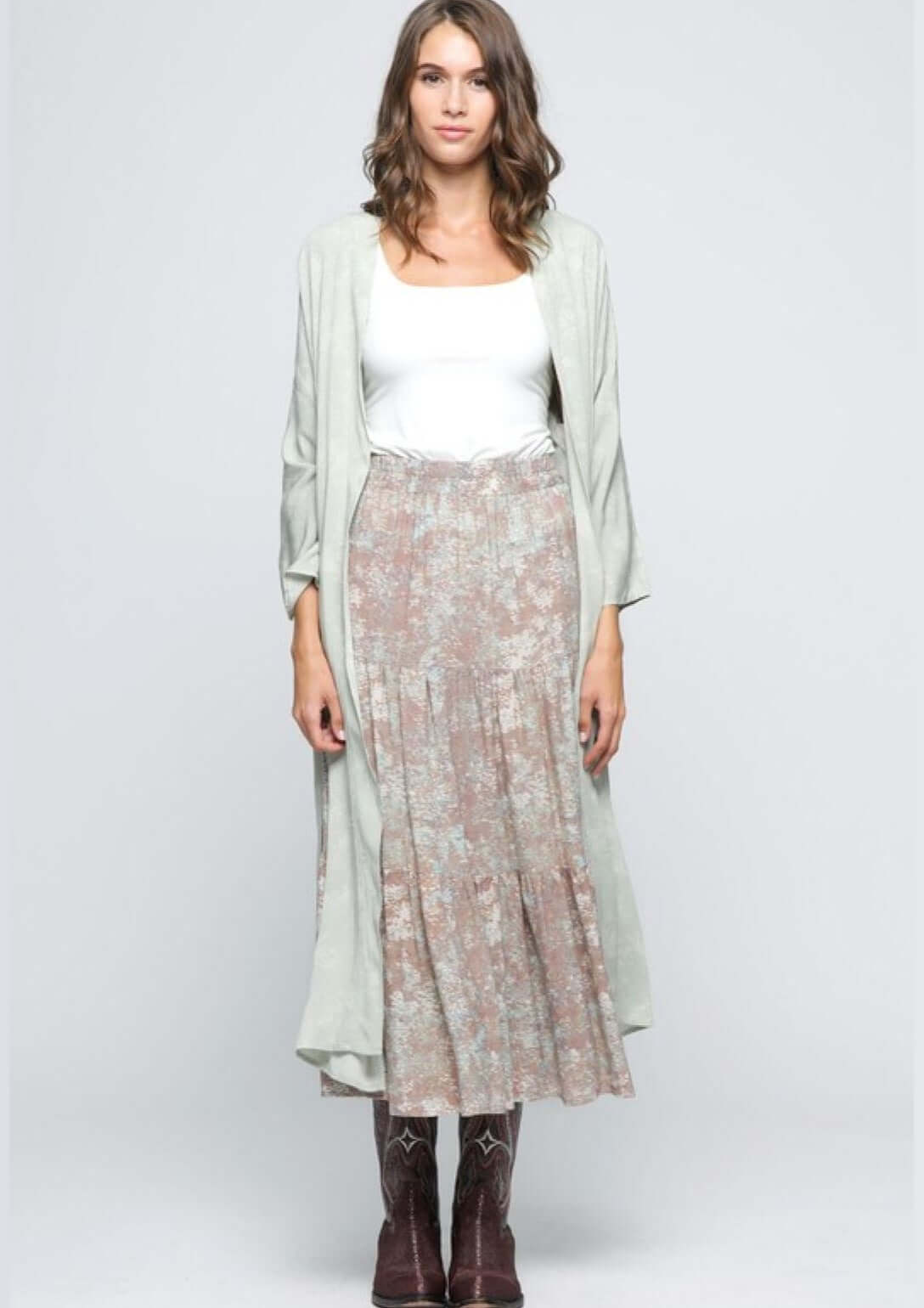 Tiered A-Line Sage & Mocha Maxi Skirt