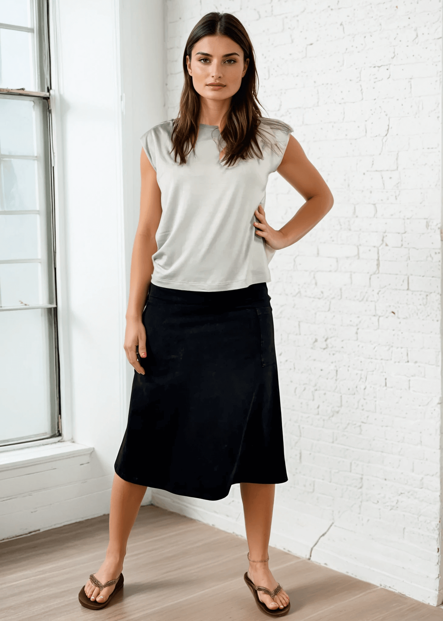 Alyssa Very Versatile Cotton Skirt in Dark Grey-Blue Denim