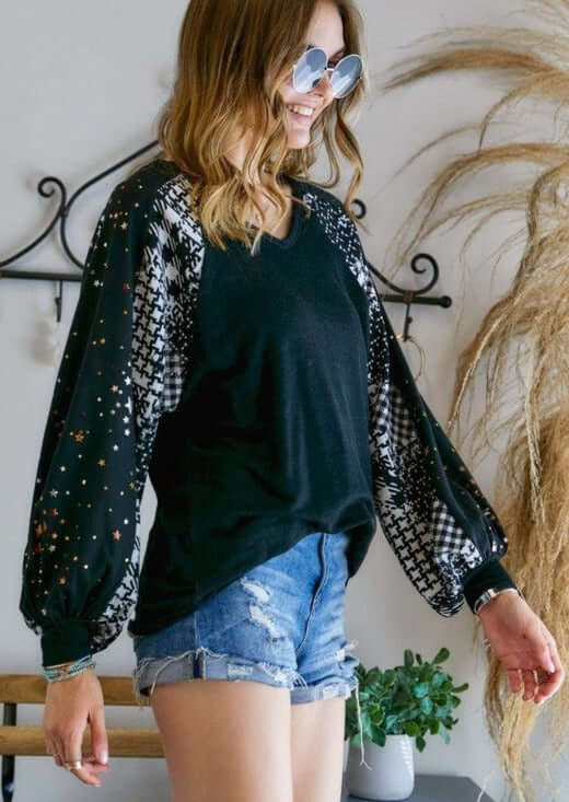 Puff Sleeve Embellished Long Sleeve Top with Star Detail