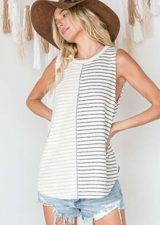 Sleeveless French Terry Stripes Color Block Top Made in USA