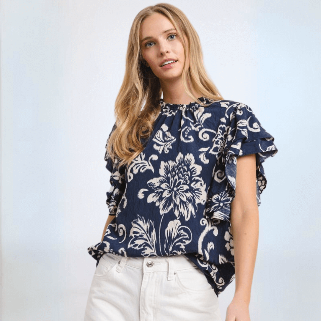 Navy Flutter Sleeve Top Made in USA