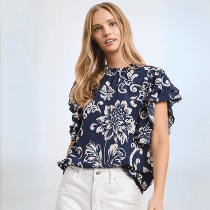 Navy Flutter Sleeve Top Made in USA