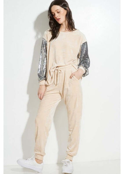 Champagne Glam Velvet Track Suit with Sequins Sleeves