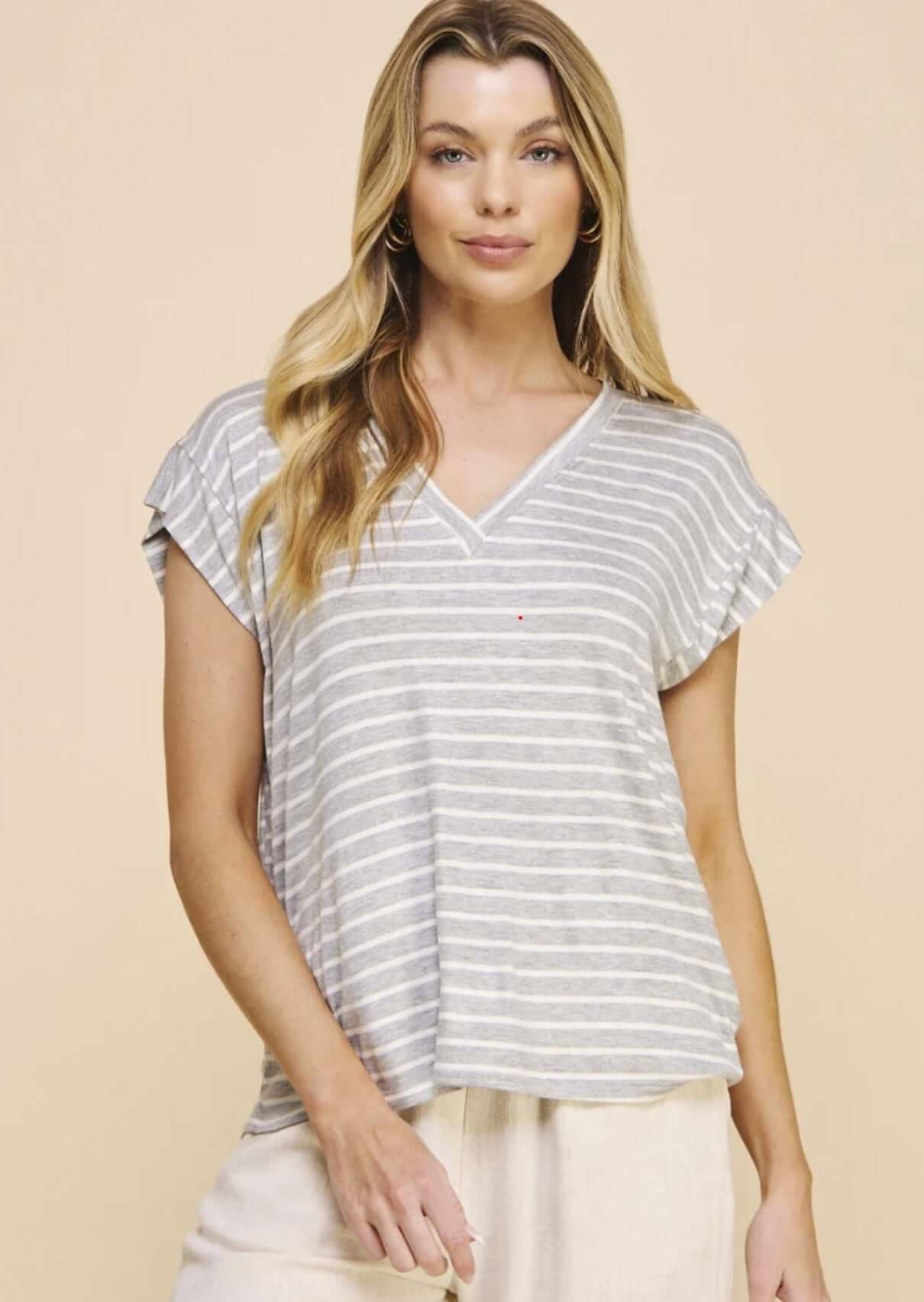 Casual Striped V-Neck Relaxed Fit Top Made in USA