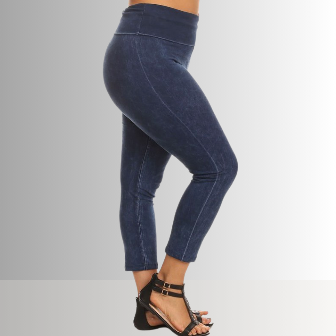 Fold Over Waist Mineral Washed Capri Leggings Made in USA Plus Size