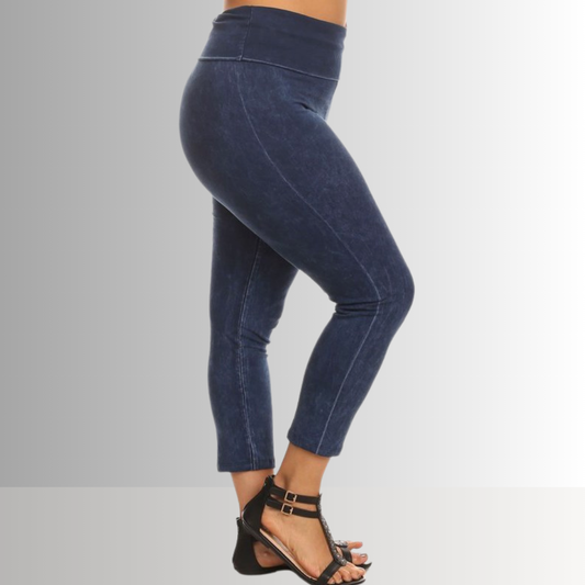 Fold Over Waist Mineral Washed Capri Leggings Made in USA Plus Size