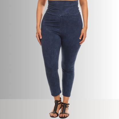 Fold Over Waist Mineral Washed Capri Leggings Made in USA Plus Size