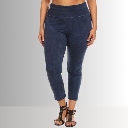 Fold Over Waist Mineral Washed Capri Leggings Made in USA Plus Size