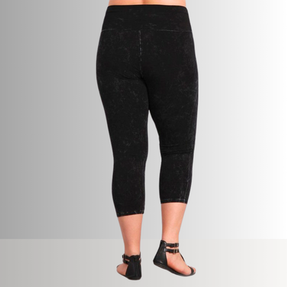 Fold Over Waist Mineral Washed Capri Leggings Made in USA Plus Size