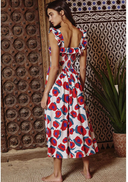 Flattering Floral Smocked Bodice Midi Dress Made in USA