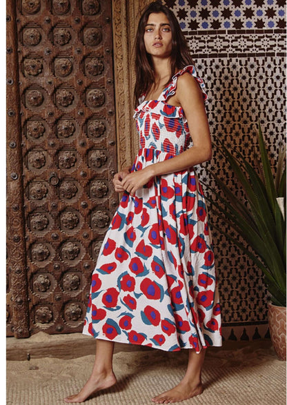 Flattering Floral Smocked Bodice Midi Dress Made in USA