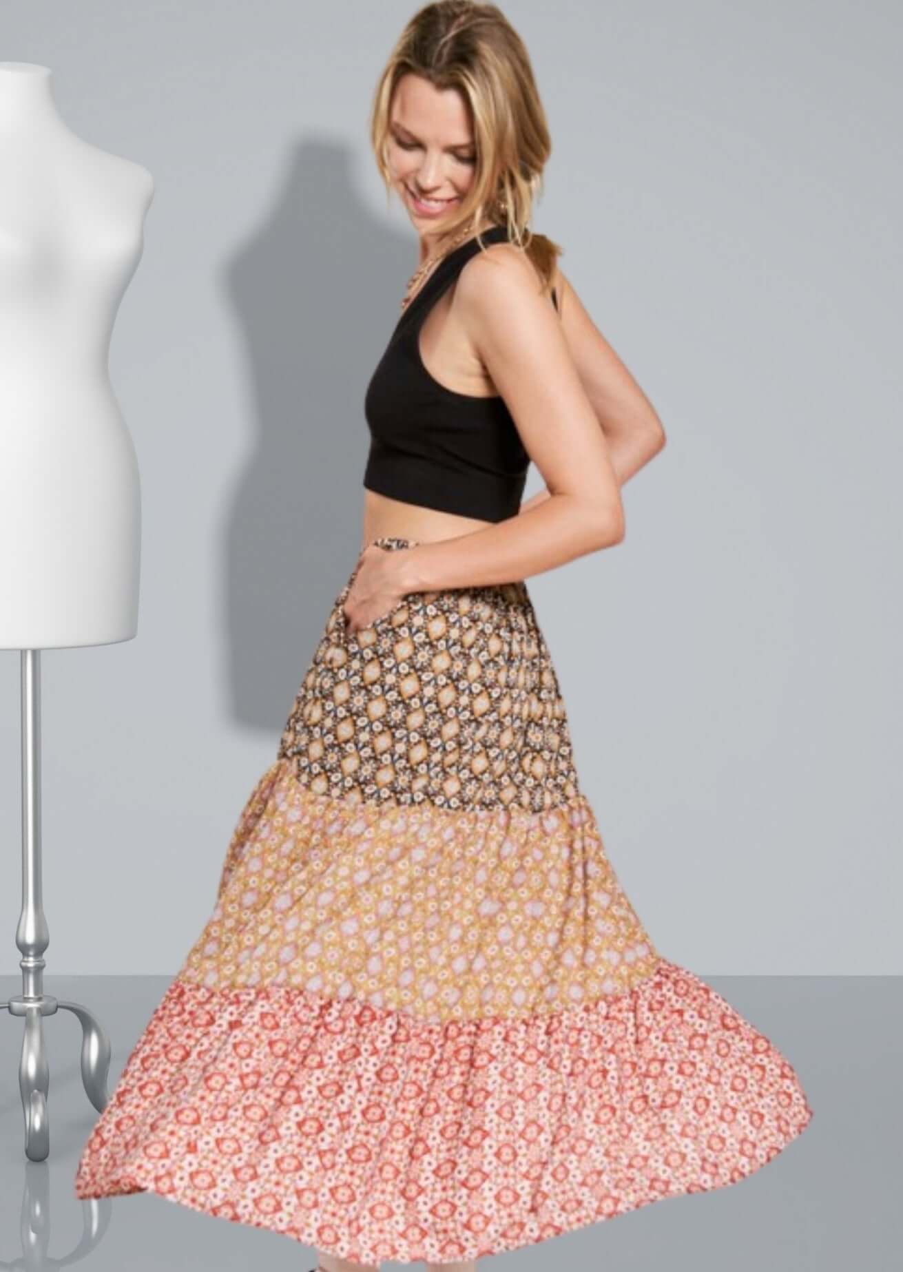 Color Block Prints Maxi Skirt Made in USA