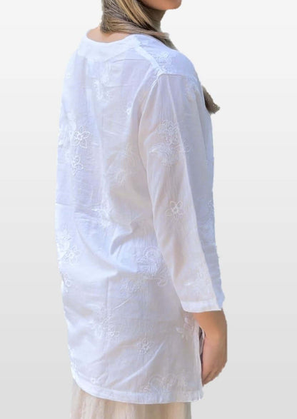 White Cotton Floral Embroidered