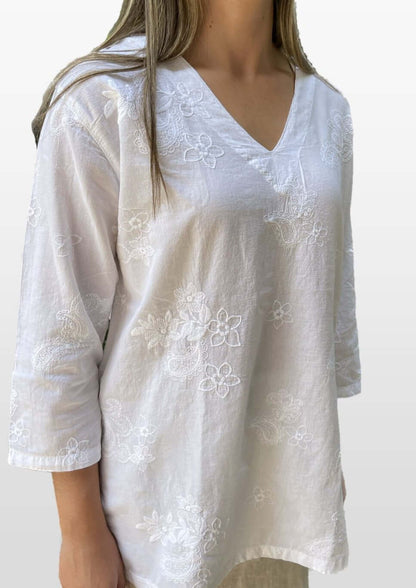 White Cotton Floral Embroidered