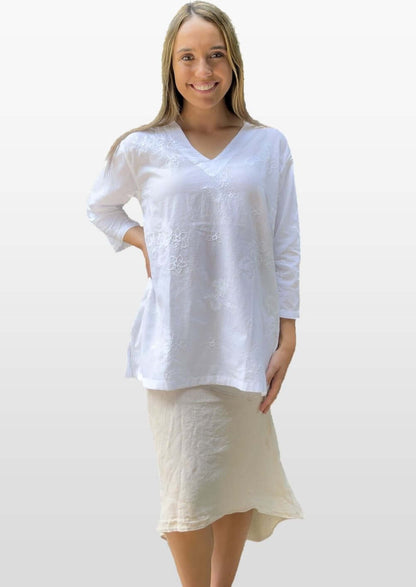 White Cotton Floral Embroidered