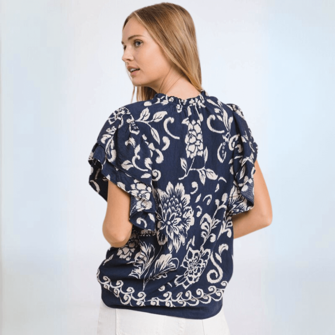 Navy Flutter Sleeve Top Made in USA