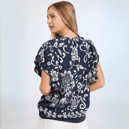 Navy Flutter Sleeve Top Made in USA