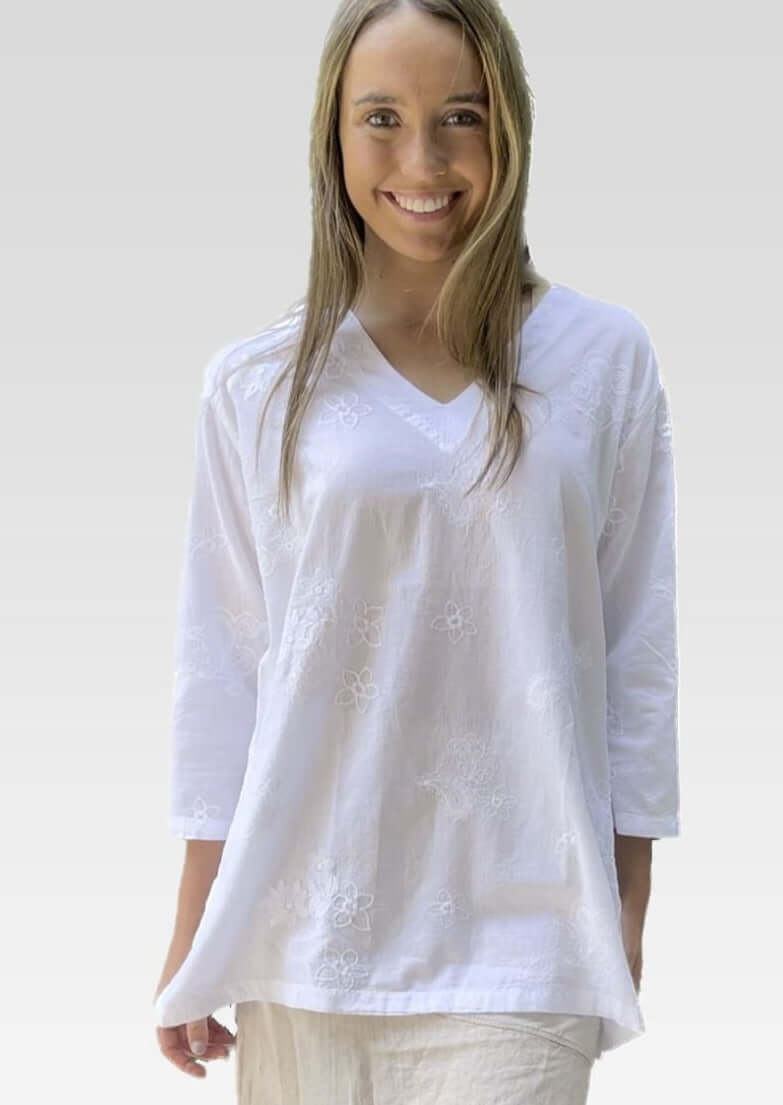 White Cotton Floral Embroidered