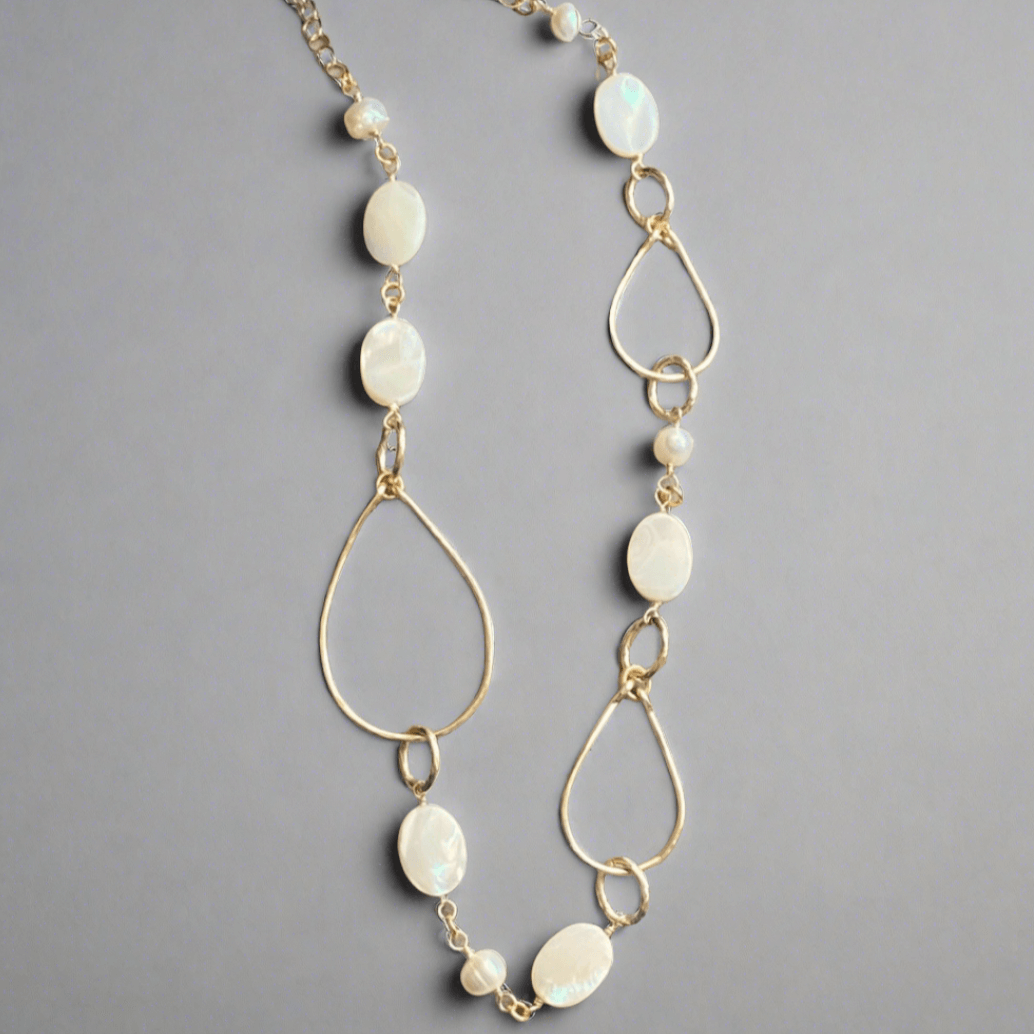 Mother of Pearl Hammered Hoops Necklace Handmade in USA