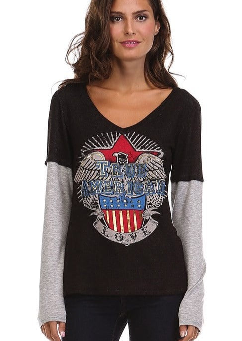 True American Graphic V-Neck Raglan Made in USA
