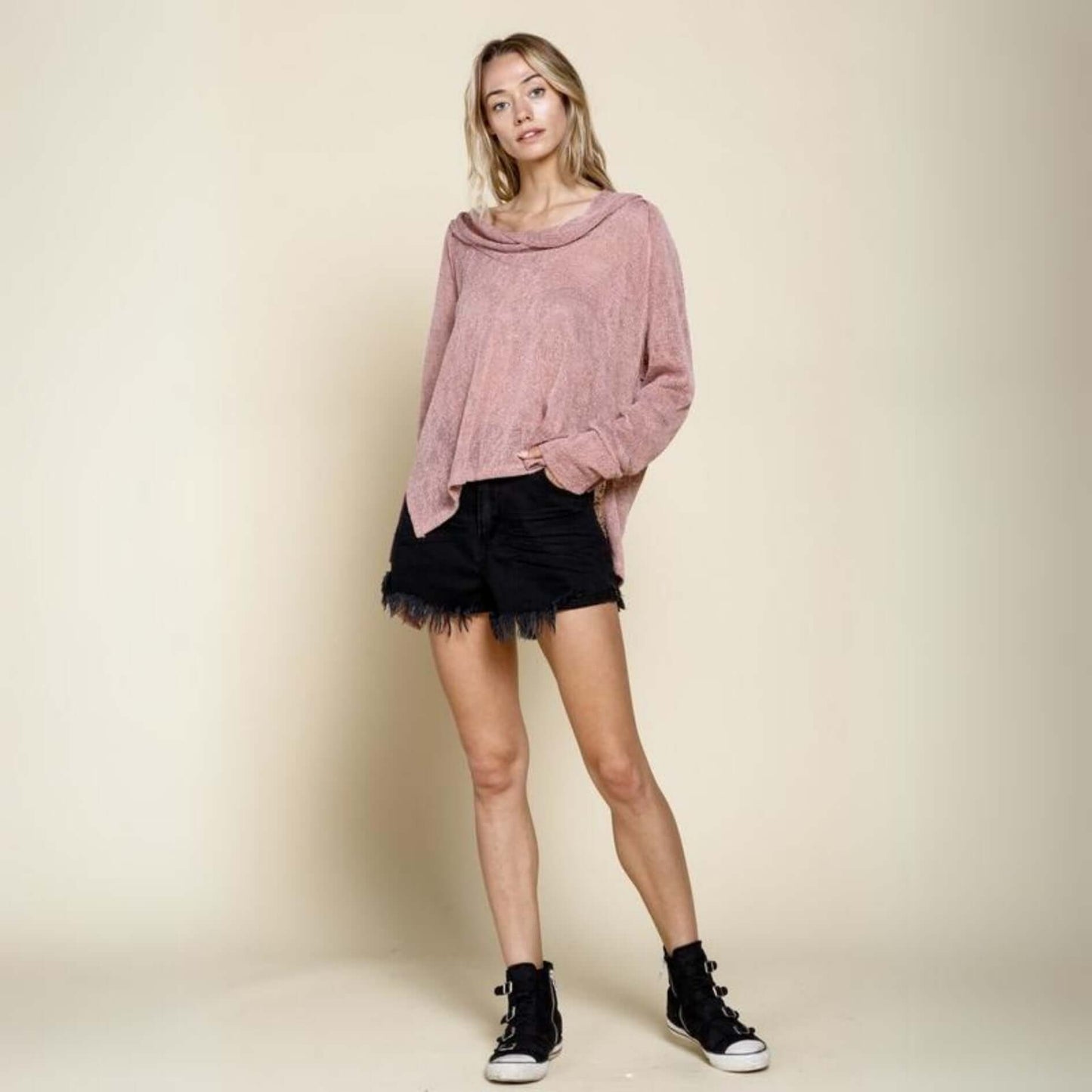 Lightweight Low Gauge Cowl Neck Knit Top