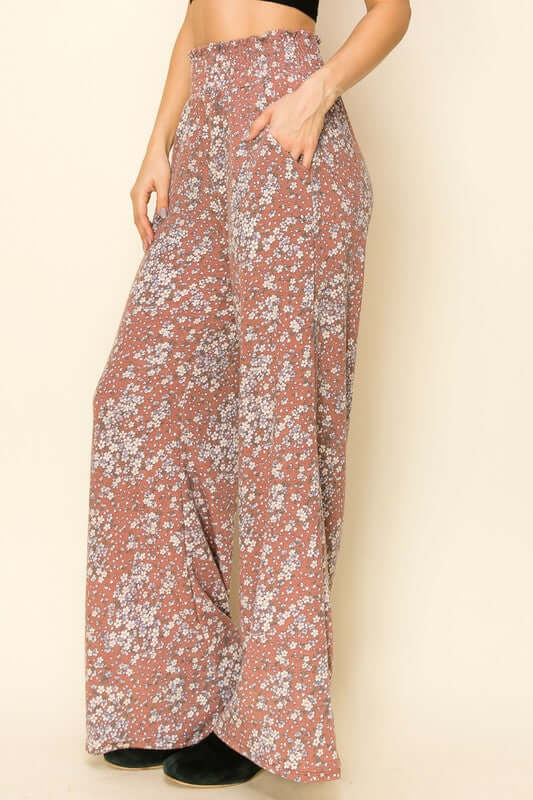 Smocked Waist Floral Relaxed Fit Pants